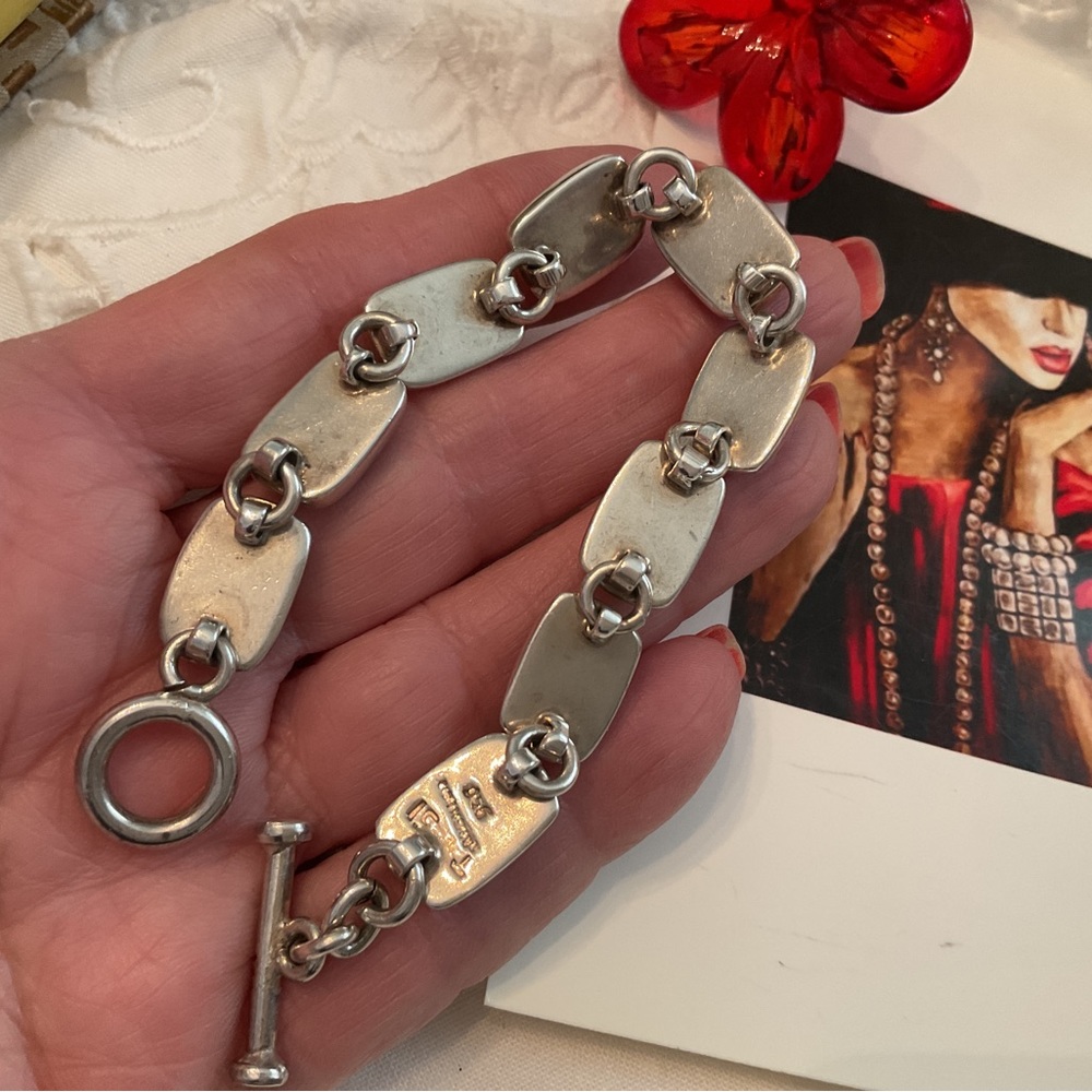 VINTAGE .950 SILVER MAHOGANY OBSIDIAN 9 LINK BRACELET, TOGGLE CLASP 36 GRAMS - Picture 4 of 16